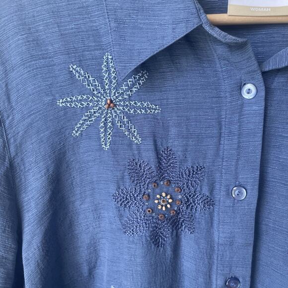 Alfred Dunner Women 100% Silk Shirt Plus‎ Size 20W Floral Office Beaded Blue - Picture 6 of 12